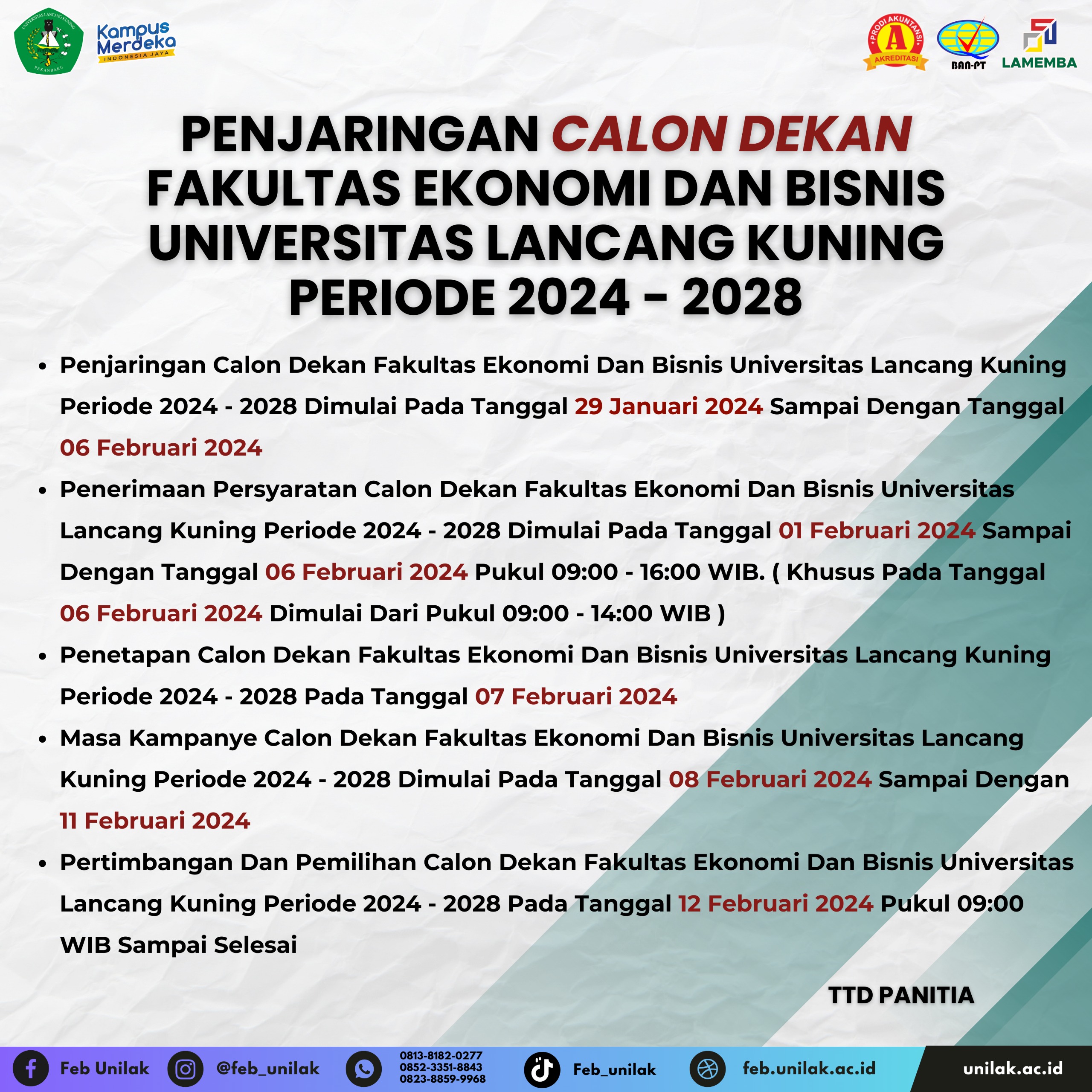 Penjaringan Calon Dekan Fakultas Ekonomi Dan Bisnis Universitas Lancang Kuning Periode 2024 - 2028